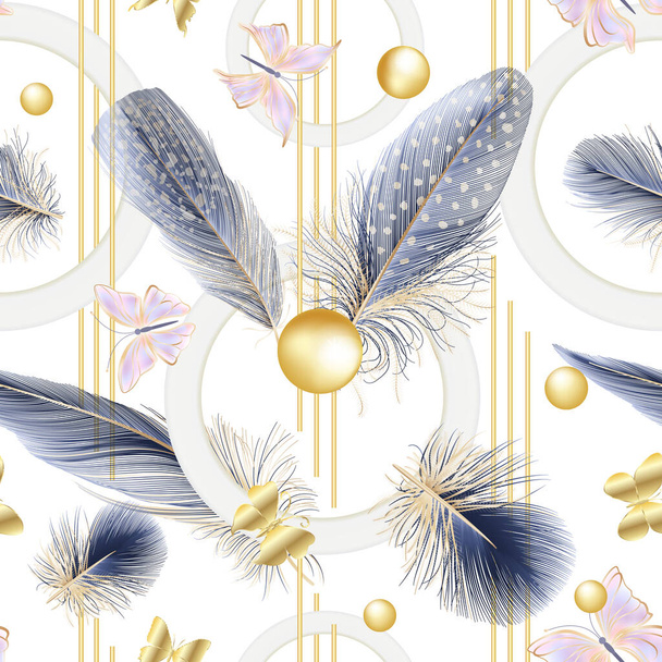 Naadloos patroon met gouden en blauwe veren en vlinders. Vectorillustratie.  - Vector, afbeelding