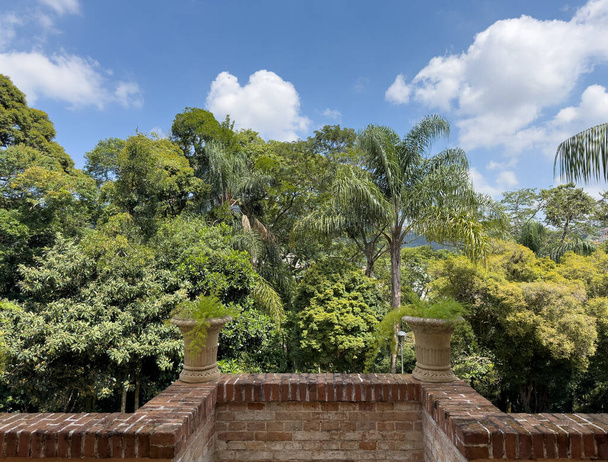 Balkón pohled na zelenou krajinu a palmy pod modrou oblohou. - Fotografie, Obrázek