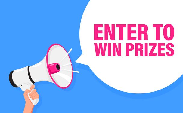 Enter to win prizes. Hand hold megaphone speaker for announce. Attention please. Shouting people, advertisement speech symbol - Vector, Image