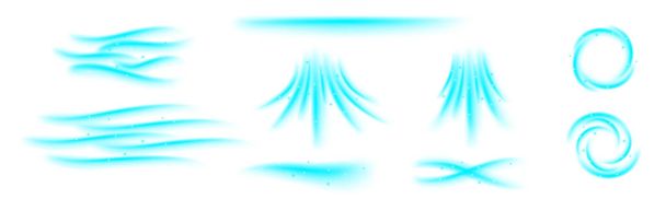 Set of blue flows showing cold air conditioner direction. Mesh gradient with snowflakes Isolated on transparent background element - Vector, Image