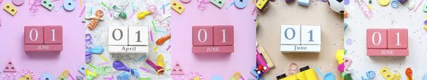 Collage de calendarios con fecha del Día del Niño sobre fondo de color - Foto, imagen