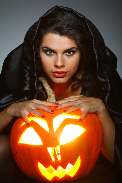 Sexual brunette in the suit of witch in night of Halloween - Zdjęcie, obraz