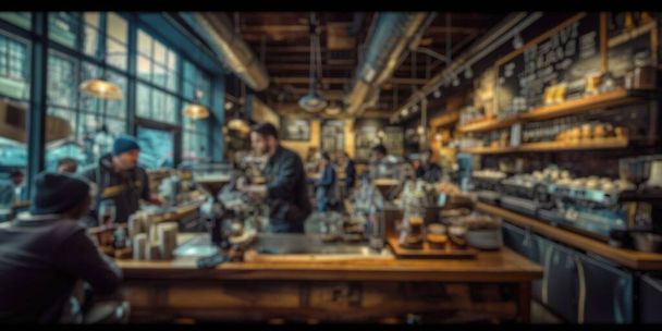 Verschwommener Hintergrund eines geschäftigen Cafés, in dem die Gäste ihre Drinks genießen und Baristas Kaffee zubereiten, wodurch ein lebendiger Gemeinschaftsraum entsteht. Resplenant. - Foto, Bild