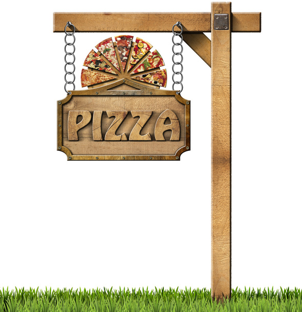 Pizza - houten bord met metalen ketting - Foto, afbeelding