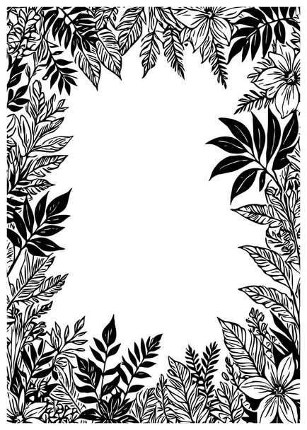 Botanical frame for use in graphics. Black and white line art. Flowers leaves in the illustration. - Photo, Image