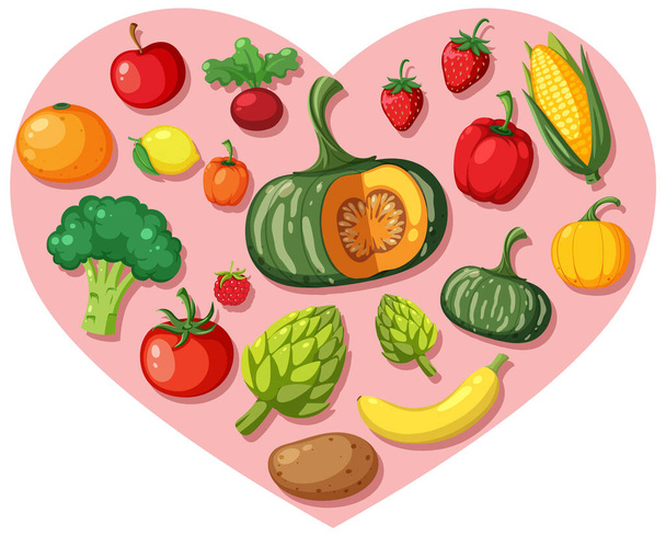 Frutas y verduras coloridas en forma de corazón. - Vector, Imagen