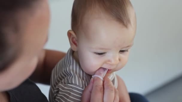 Mumie putzt Babyzähne mit Beißzähnen, Gesundheitsbaby-Konzept - Filmmaterial, Video