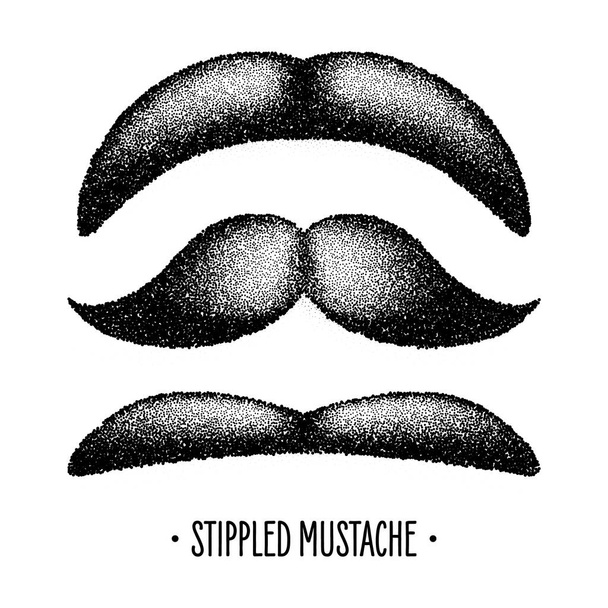 Stippled vintage mustache. Curly facial hair. Hipster beard. Stippling, dot drawing and shading, stipple pattern, halftone effect. Vector illustration. - Vector, Image