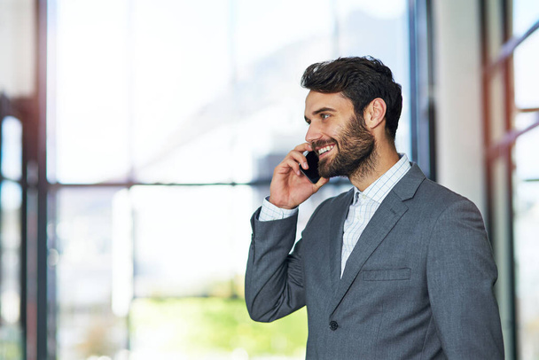 Phone call, employee and man in office, corporate professional and communication with network. Person, broker or financial adviser with smartphone, connection or listening to contact or accounting. - Photo, Image