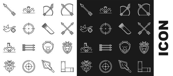 Set line Cartridges, Deer head with antlers on shield, Crossed arrows, Bow and fire, Target sport for shooting competition, Hunt duck crosshairs, Hipster and Quiver icon. Vector - Vector, Image