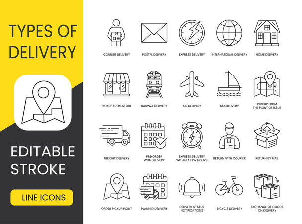 Delivery vector line icons set with editable strokes International and Postal, Home and Express, Courier and Sea, Railway and pickup point, Air and Return with courier, Pre order and Freight delivery. - Vector, Image