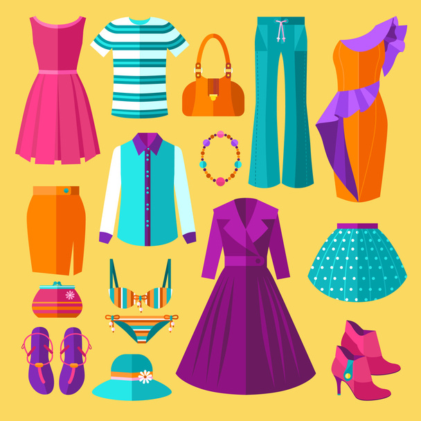 Women Clothes Icons Flat Set With Dress and Accessories - Vector, Image