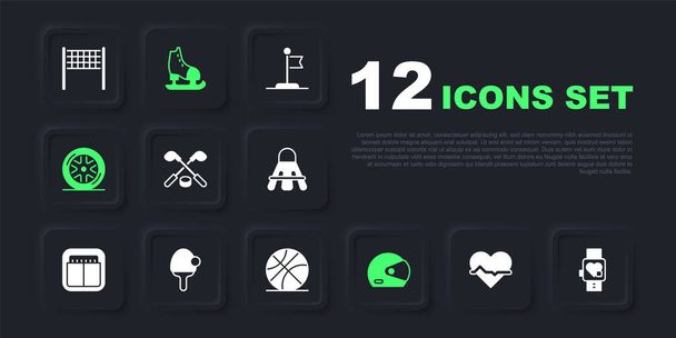 Set Heart rate, Smart watch with heart, Ice hockey sticks and puck, Racing helmet, Car wheel, Racket, Skates and Basketball ball icon. Vector - Vector, Image