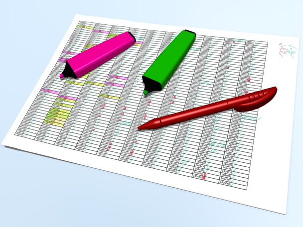 Ροζ και πράσινο στυλό, δείκτες και ένα κόκκινο στυλό πάνω σε ένα πλέγμα ελέγχου - Φωτογραφία, εικόνα