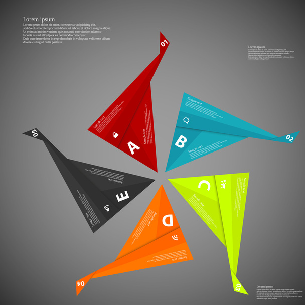 Infographic consists of five folded paper pieces on dark - Vector, Image