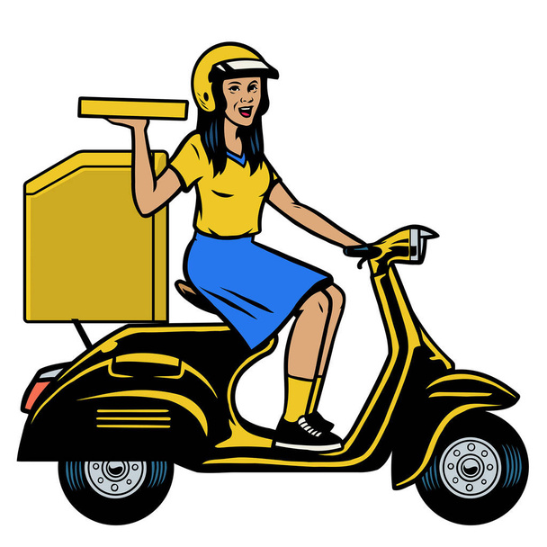 delivery courier lady riding the old scooter - Vector, Image
