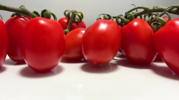 Pomidory wiśniowe na białym tle, zbliżenie slajdów na gromadach pomidorów daty - Materiał filmowy, wideo