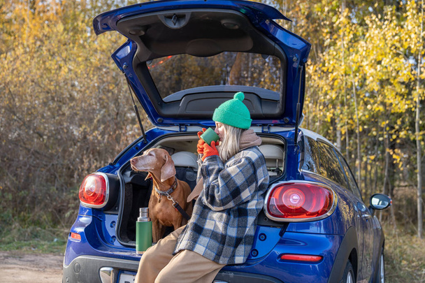 Woman pet owner drinking tea sitting in car trunk with dog enjoying nature in forest on weekend. Autumn outdoors activity, vacation travel tourism road trip with magyar vizsla dog concept. - Photo, Image