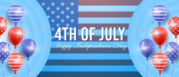 Realistische banner 4 juli onafhankelijkheidsdag met ballonnen op Amerikaanse vlag achtergrond - Vector, afbeelding