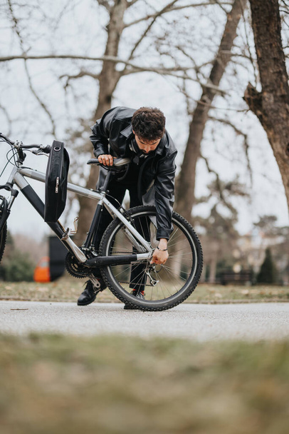Підприємець в офіційному вбранні ремонтує свій велосипед в парковій обстановці, демонструючи універсальність і навички вирішення проблем. - Фото, зображення