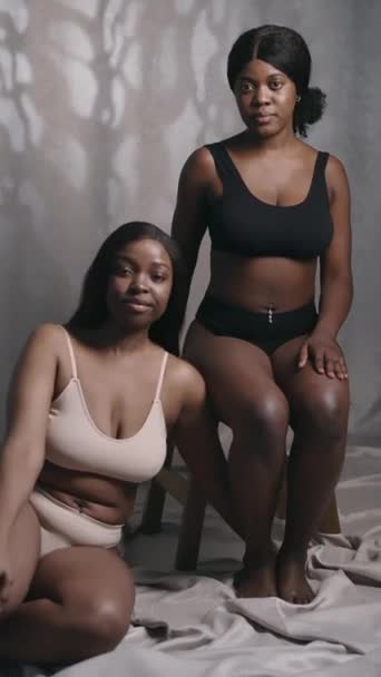 Vertical shot of young beaming African American woman in underwear leaning on lap of girlfriend while posing together for camera in studio - Footage, Video