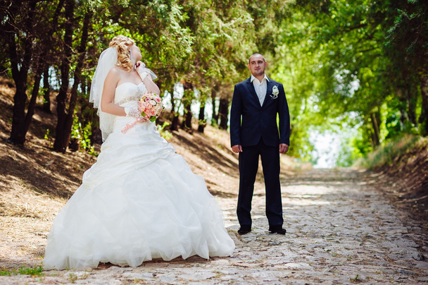 Bride and Groom at wedding Day walking Outdoors on spring nature. Bridal couple, Happy Newlywed woman and man embracing in green park. Loving wedding couple outdoor. - Φωτογραφία, εικόνα