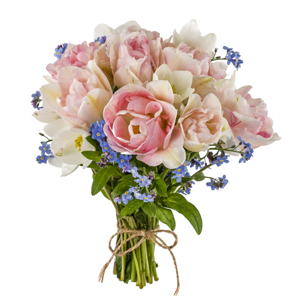 Strauß Tulpen und Vergissmeinnicht, isoliert auf weißem Hintergrund - Foto, Bild