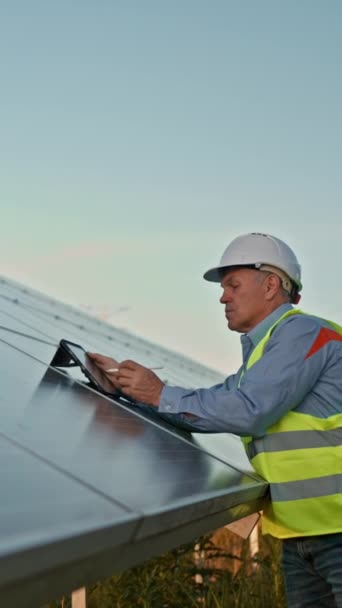 Volwassen industrieel werker met behulp van tablet, terwijl de monitoring van rijen van fotovoltaïsche zonnepanelen bij zonsondergang. Zonnepark en concept van alternatieve energie - Video