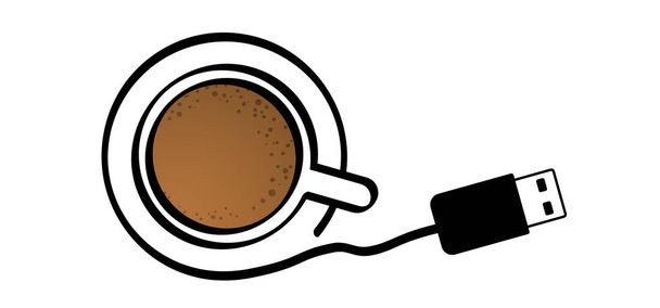 Καυτή χρέωση καφέ, ένδειξη φόρτωσης και βύσμα. Κούπα με φόρτιση μπαταρίας. Καφέ, ρολόι ή τσάι. Λογότυπο ποτού. Εργασία, Ισορροπία Ζωής έννοια για την πλήρη ενέργεια. Χρειάζομαι καφέ. Χαμηλή μπαταρία - Διάνυσμα, εικόνα