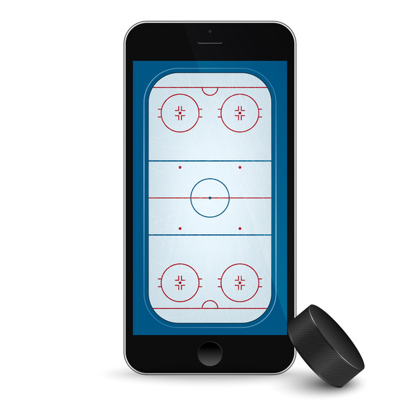 Black smartphone with ice hockey puck and field on the screen.  - ベクター画像