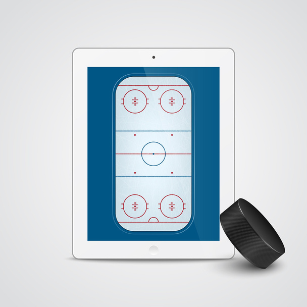 White tablet with ice hockey puck and field on the screen.  - Vektör, Görsel