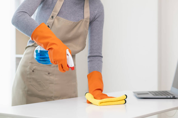 young woman puts on an apron and rubber gloves before holding spray bottle filled with cleaner and disinfectant to use to clean furniture surfaces clean and germ free. Concept of contract Hire cleaner - Photo, Image