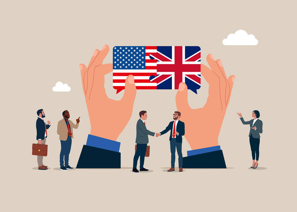 チームワークコンセプト。 協力,国間のパートナーシップ。 ビジネスチームがアメリカ合衆国とイギリスの国旗を結ぶ. フラットベクトルイラスト. - ベクター画像