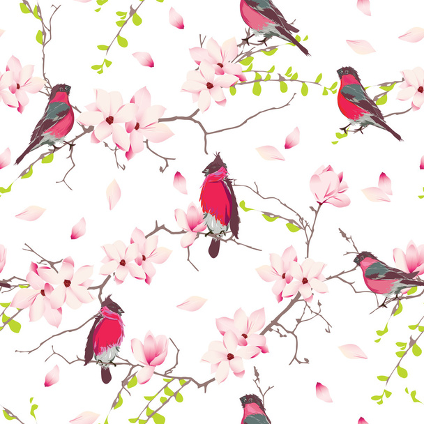 Red bullfinches on magnolia tree vector seamless print - Vettoriali, immagini