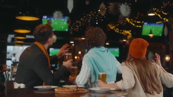 Happy excited group of friends watching football match on tv in pub. Back view on diverse young people holding glasses with beer raised over head cheering favorite soccer team celebrating goal in gate - Footage, Video