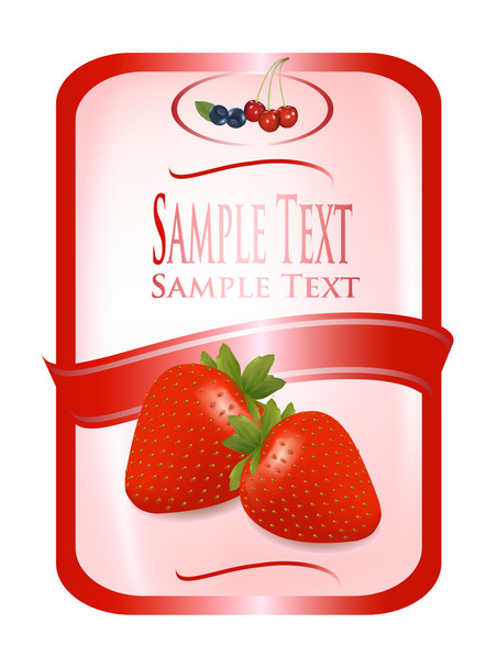 Red label with ripe strawberries. Vector - Vector, Imagen
