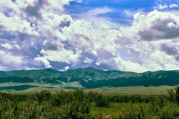 vista panorámica de las montañas cubiertas de bosque de coníferas y nubes de cúmulos sobre ellas. el valle del río Shalkodesu en Kazajstán - Foto, imagen
