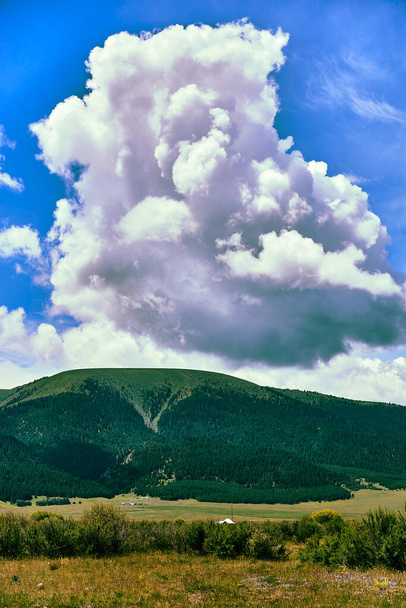 Panoramiczny widok na góry pokryte lasem iglastym i cumulus chmury nad nimi. dolina rzeki Shalkodesu w Kazachstanie - Zdjęcie, obraz