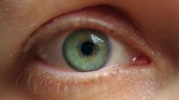Extrém közelről egy nő pislogó gyönyörű szeme zöld írisz. Egészséges látás tudatosság koncepció. - Felvétel, videó
