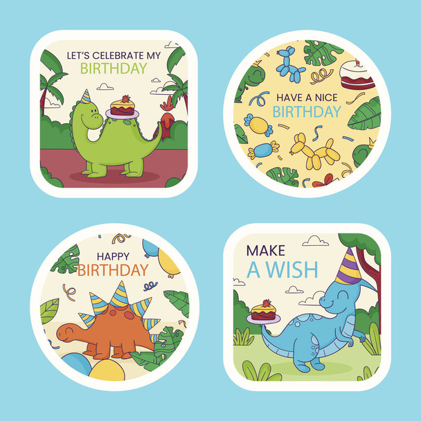 A set of four birthday cards with dinosaur illustrations on rectangleshaped cardstock. Each card features a different dinosaur design in a colorful pattern with fun fonts and graphics - Vector, Image