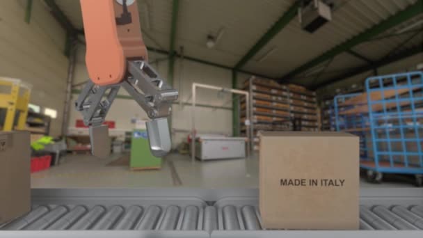 The Robot arm picks up the cardboard box Made in ITALY. Cardboard boxes with product from ITALY on the roller conveyor. - Footage, Video