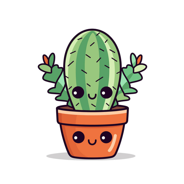 Niedliche Kaktus Cartoon-Figur lächelnd, winkt in Terrakottatopf Gesicht. Animierte Pflanzenillustration, freundlicher Kawaii-Stil, weißer Hintergrund. Fröhliche saftige Vektorkunst, Thema Kinderdekor - Vektor, Bild