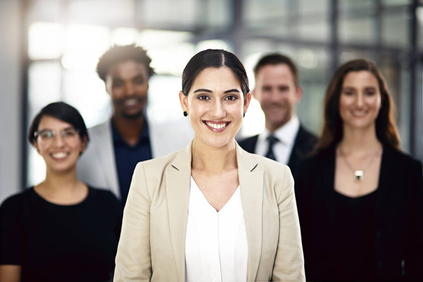 Teamwork, office and portrait of woman with business people for partnership, collaboration and about us. Professional lawyers, diversity and men and women with confidence, company pride and smile. - Photo, Image