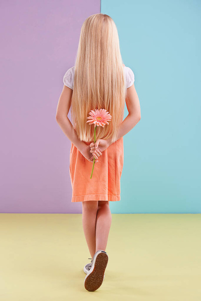 Μόδα, λουλούδι και πίσω μέρος του παιδιού στο στούντιο με χαριτωμένο, μοντέρνο και casual φόρεμα για ντύσιμο. Γλυκό, δώρο και νεαρό κορίτσι παιδί με ξανθά μαλλιά, στυλ και ροζ floral φυτό από χρώμα μπλοκ φόντο - Φωτογραφία, εικόνα