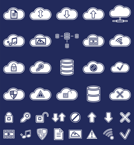 Silhouette  Cloud Storage, Data analysis, network technology settings icons flat set isolated on dark background. Retro design. - Διάνυσμα, εικόνα