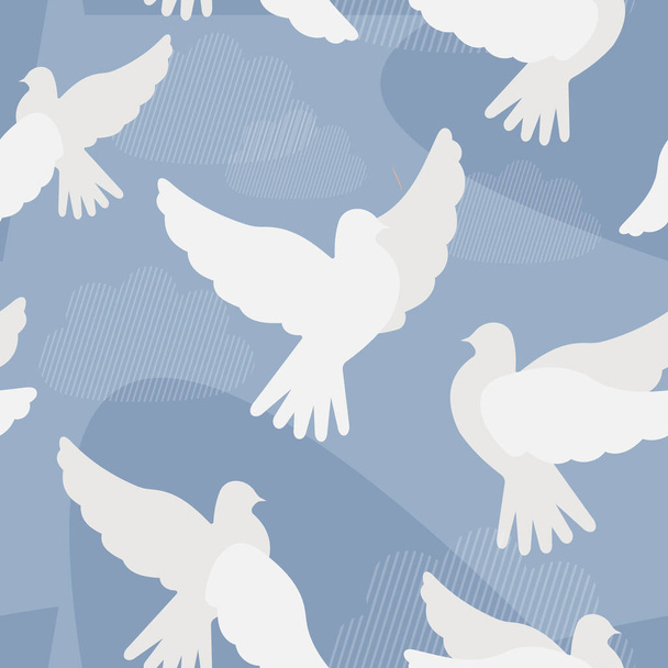 Мирні білі голуби на тлі прозорого блакитного неба з хмарами утворюють безшовний візерунок.  - Фото, зображення