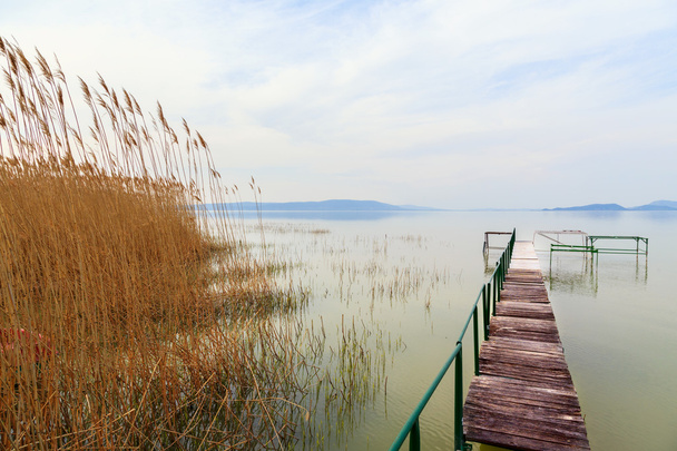 Houten pier in rustige Balaton meer - Foto, afbeelding
