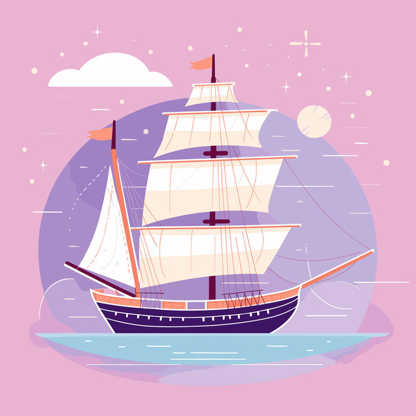 Purjehdus laiva risteilee tyyntä merta tähtitaivaan alla, hämärä sävyjä. Vintage alus liukuu rauhallinen vesi, ilta purje kohtaus. Historiallinen laiva purjehtii rauhallinen meri, rauhallinen yö, seikkailu teema - Vektori, kuva