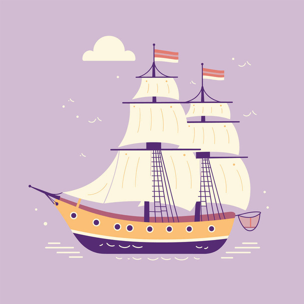 Вітрильний корабель мультфільм ілюстрація фіолетового фону. Старомодний вітрильник помаранчевий, жовтий вітрила фантастична морська подорож. Вінтажне морське судно круїзний океан, морське пригода концептуальне мистецтво - Вектор, зображення