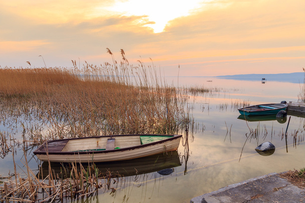 Sunset on the lake Balaton with a boat - Photo, Image